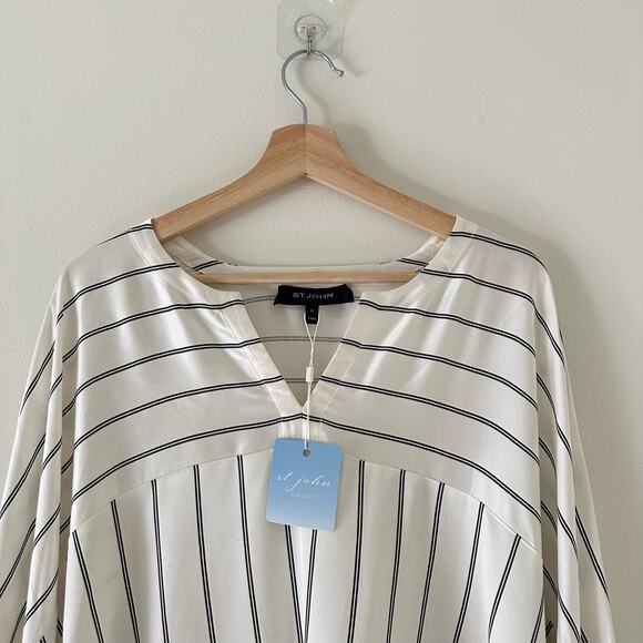 ST. JOHN Asymmetrical Striped Kimono Blouse Bianco/Navy M - Picture 6 of 9